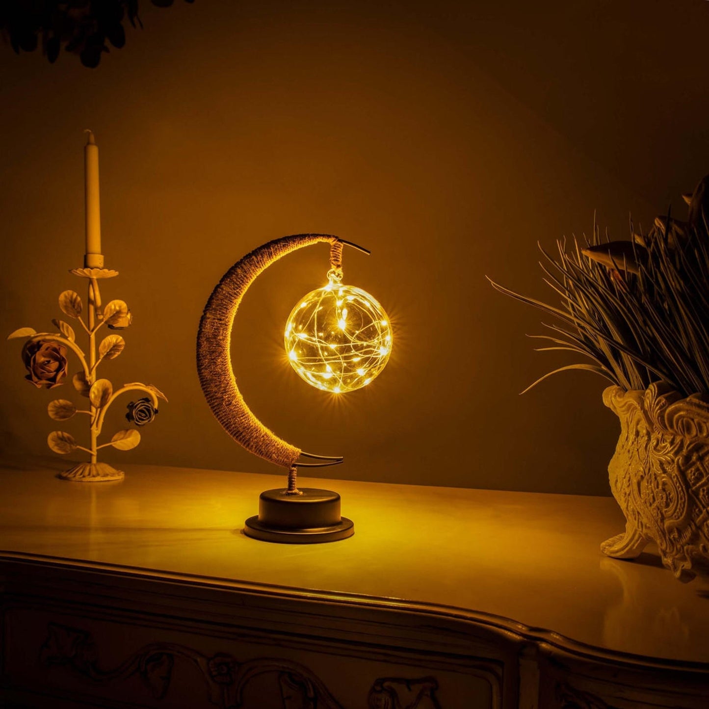 Lampe Solaire Élégante - Décor Lune en Verre avec Éclairage LED