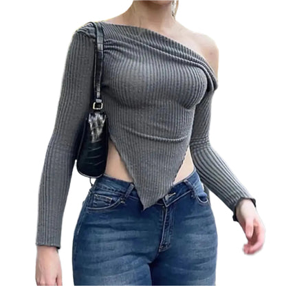 Pull Femme Côtelé Col Asymétrique Décontracté - Foivo